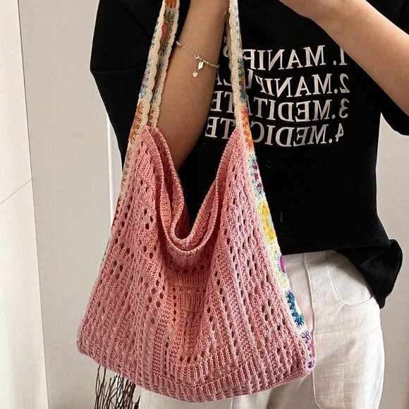 Pink Vacation Women's Hollow Knitted Contrast Color Flower Crossbody Bag - Picture 3 of 7